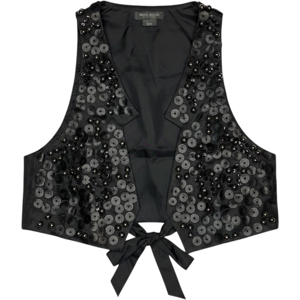 Bisou Bisou Sequin Beaded Vest Womens Small Black Tie Back Cropped Evening Glam